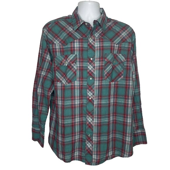Vintage 80s Wrangler Pearl Snap Western Shirt Size 2XL Turquoise Blue Red Plaid - Picture 1 of 8